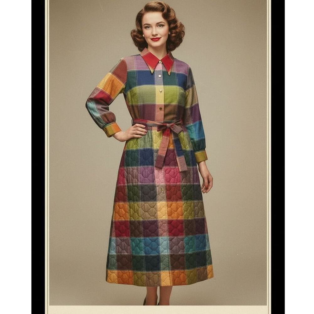 Penneys Loungewear 1970s Rainbow Patchwork Plaid Quilted House Dress